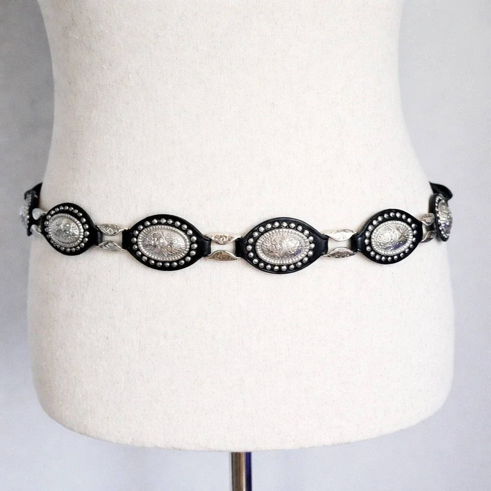 Haute Hippie New Black Silver Concho Vegan Leather Western Statement Belt XL